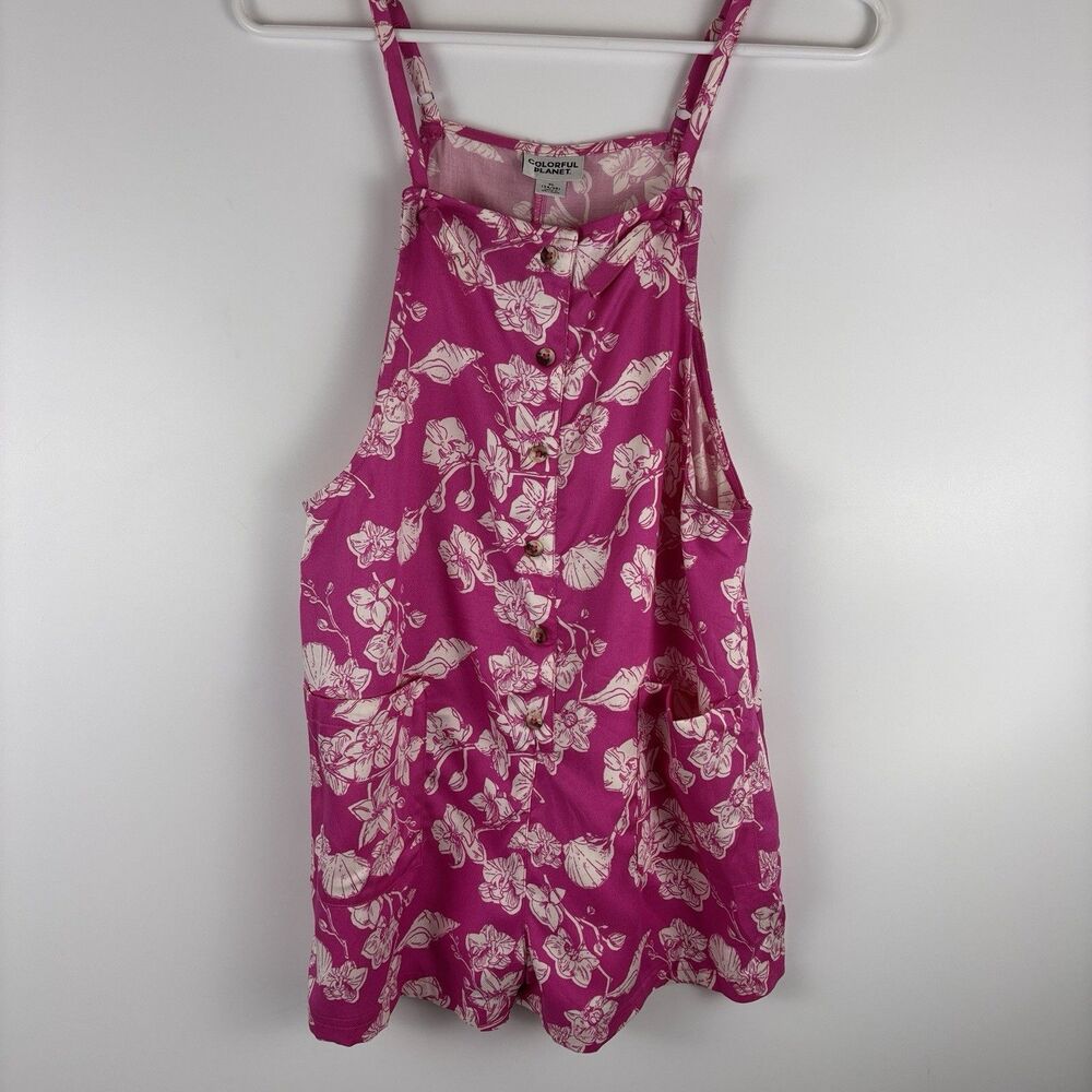 Colorful Planet Girls XL 14/16 Romper Pink Tropical Orchid Seashell Pockets